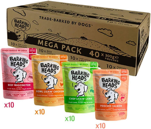 Barking Heads Wet Dog Food Pouches - Mega Variety Pack - Natural & Grain-Free with No Artificial Flavours Plus Added Vitamins & Minerals 40 x 300g