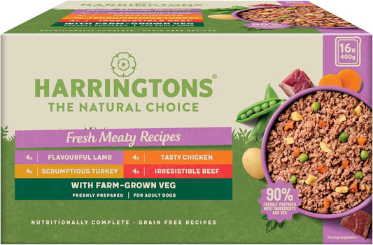 Harringtons Complete Wet Tray Grain Free Hypoallergenic Adult Dog Food Meaty Bumper Pack 16x400g - Chicken, Lamb, Beef & Turkey - Made with All Natural Ingredients