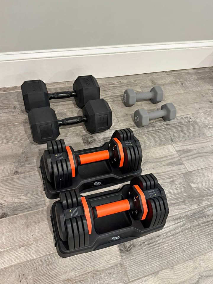 Adjustable Dumbbell Set with Fast Weight Adjustment, 15lb Rubber Hex Dumbbells, and 7lb Neoprene Dumbbells