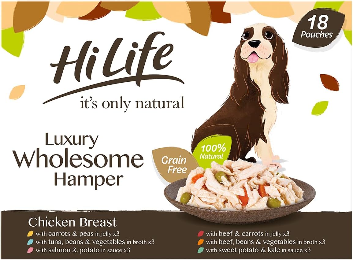 HiLife it's only natural Wet Dog Food - The Luxury Wholesome Hamper with Chicken Breast, Tuna, Salmon, Beef, Vegetables, Multipack of 36 Pouches x 100g