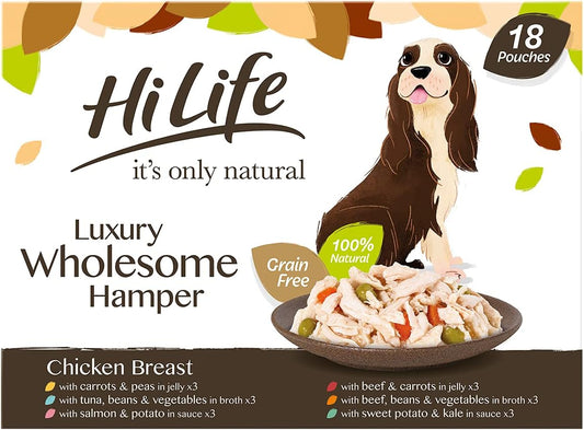 HiLife it's only natural Wet Dog Food - The Luxury Wholesome Hamper with Chicken Breast, Tuna, Salmon, Beef, Vegetables, Multipack of 36 Pouches x 100g