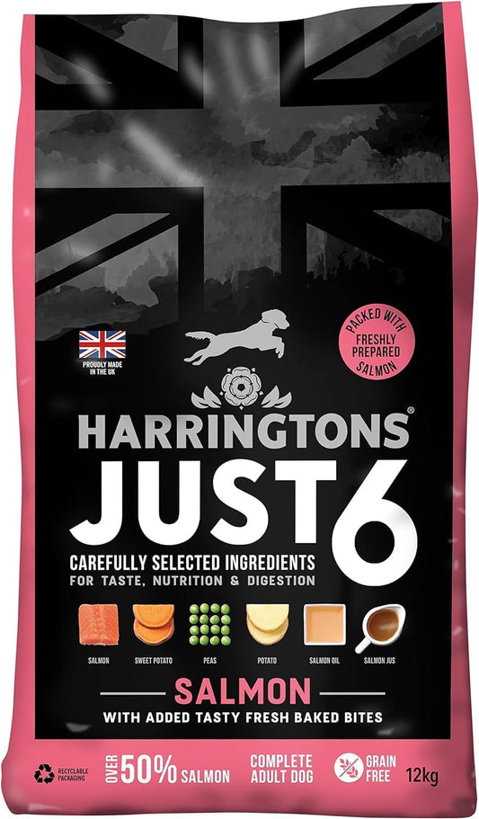 Harringtons Just 6 Complete Grain Free Dry Adult Dog Food Salmon 12kg - With Added Fresh Baked Bites