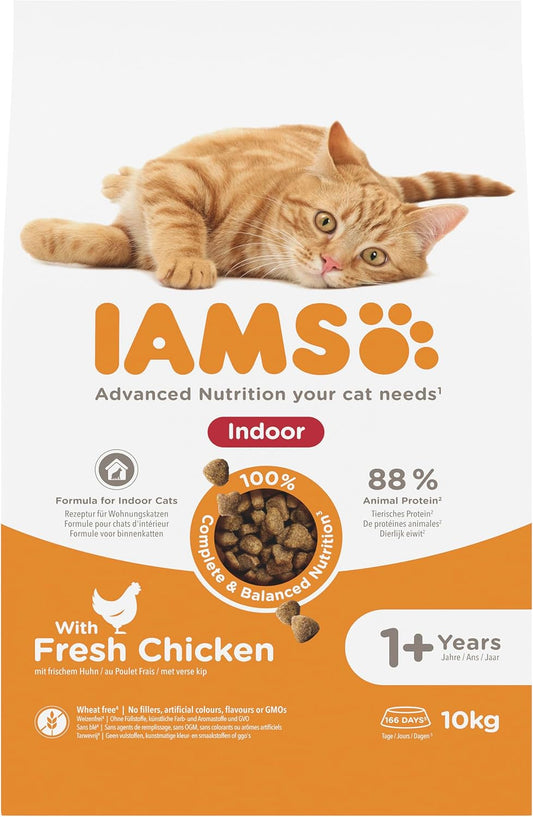 IAMS Indoor Complete Dry Cat Food Chicken 10kg - Litter Odour Control, Hairballs & Weight Management