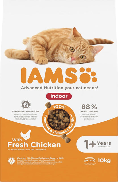 IAMS Indoor Complete Dry Cat Food Chicken 10kg - Litter Odour Control, Hairballs & Weight Management