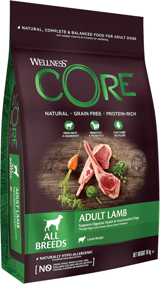 Wellness CORE Lamb 10 kg, Lamb – Dry Dog Food for All Dog Breeds, Grain-Free, Natural, Hypoallergenic, Protein-Rich, High Meat Content, Supports Healthy Digestion