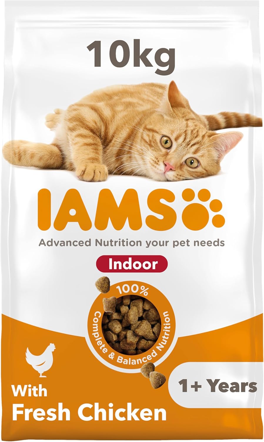IAMS Indoor Complete Dry Cat Food Chicken 10kg - Litter Odour Control, Hairballs & Weight Management
