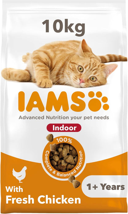 IAMS Indoor Complete Dry Cat Food Chicken 10kg - Litter Odour Control, Hairballs & Weight Management