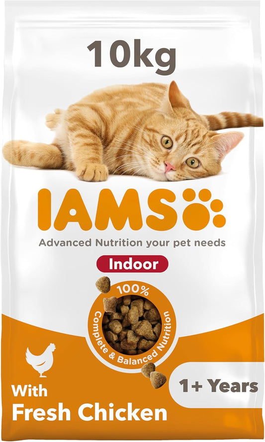 IAMS Indoor Complete Dry Cat Food Chicken 10kg - Litter Odour Control, Hairballs & Weight Management