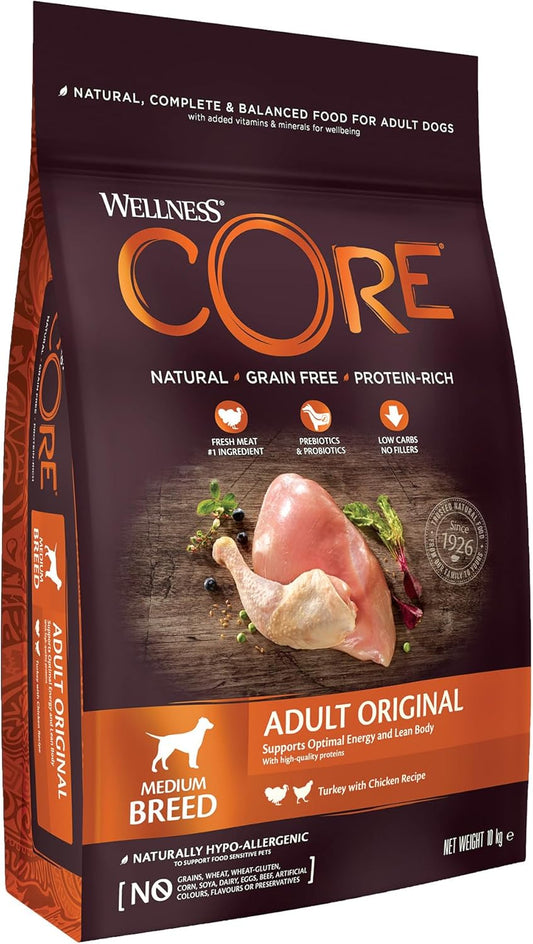 Wellness CORE Original 10 kg, Chicken & Turkey – Dry Dog Food for Medium Breeds, Grain-Free, Natural, Hypoallergenic, Protein-Rich, High Meat Content, Supports Optimal Energy & Lean Body