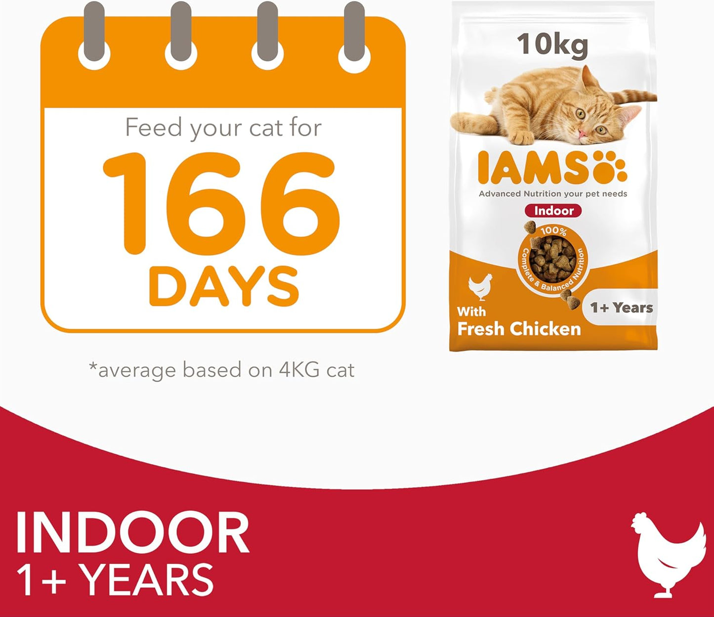 IAMS Indoor Complete Dry Cat Food Chicken 10kg - Litter Odour Control, Hairballs & Weight Management