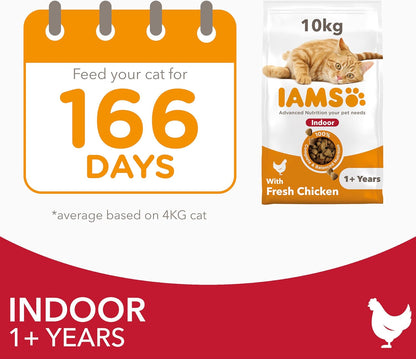 IAMS Indoor Complete Dry Cat Food Chicken 10kg - Litter Odour Control, Hairballs & Weight Management