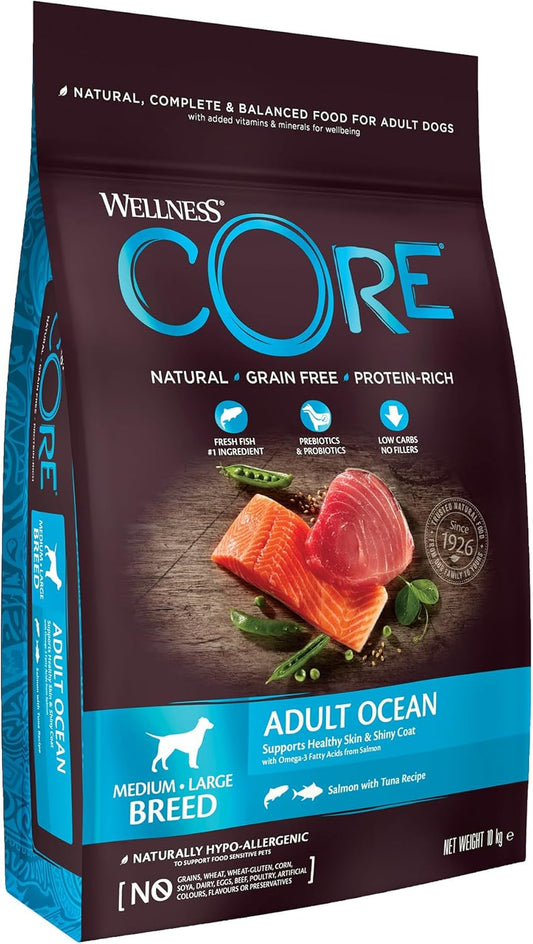 Wellness CORE Ocean 10 kg, Salmon & Tuna – Dry Dog Food for Medium to Large Breeds, Grain-Free, Natural, Hypoallergenic, Protein-Rich, High Fish Content, Supports Healthy Skin & Shiny Coat