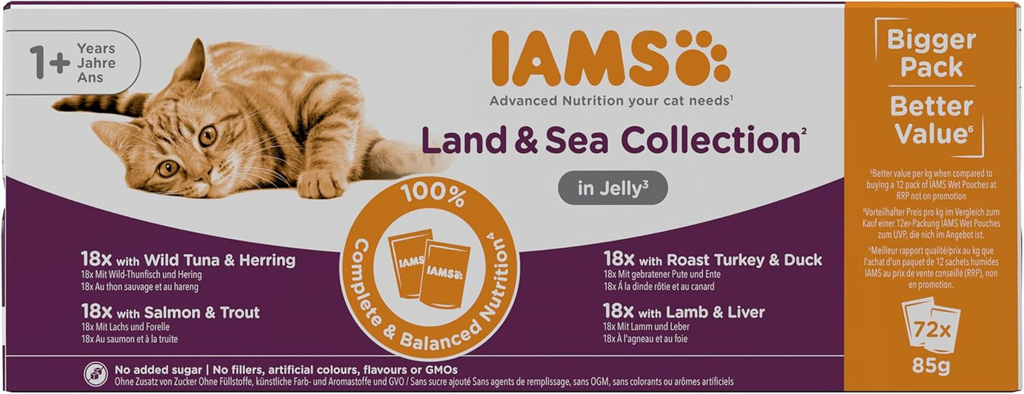 IAMS Adult Wet Cat Food Land & Sea in Jelly 72 x 85g