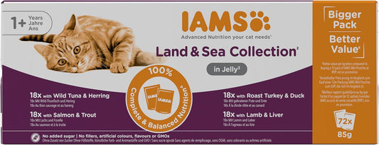 IAMS Adult Wet Cat Food Land & Sea in Jelly 72 x 85g