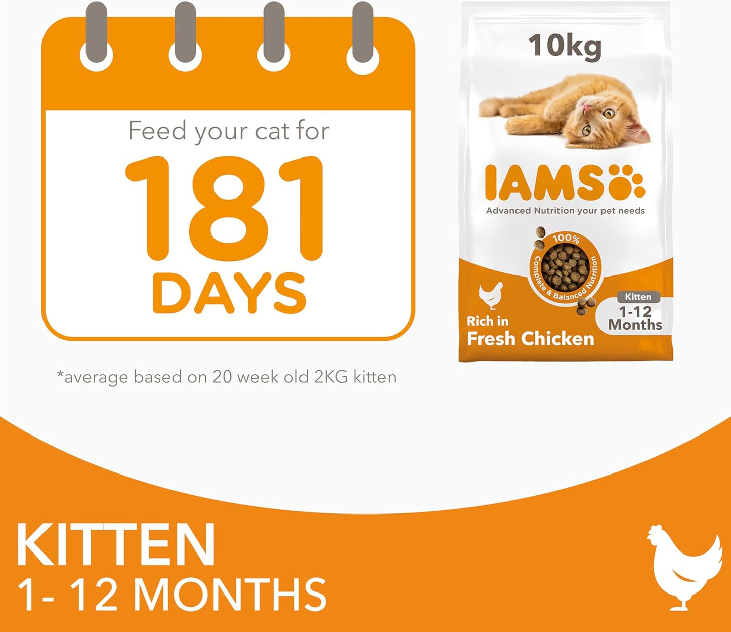 IAMS Kitten Complete Dry Cat Food Chicken 10kg - For Healthy Growth