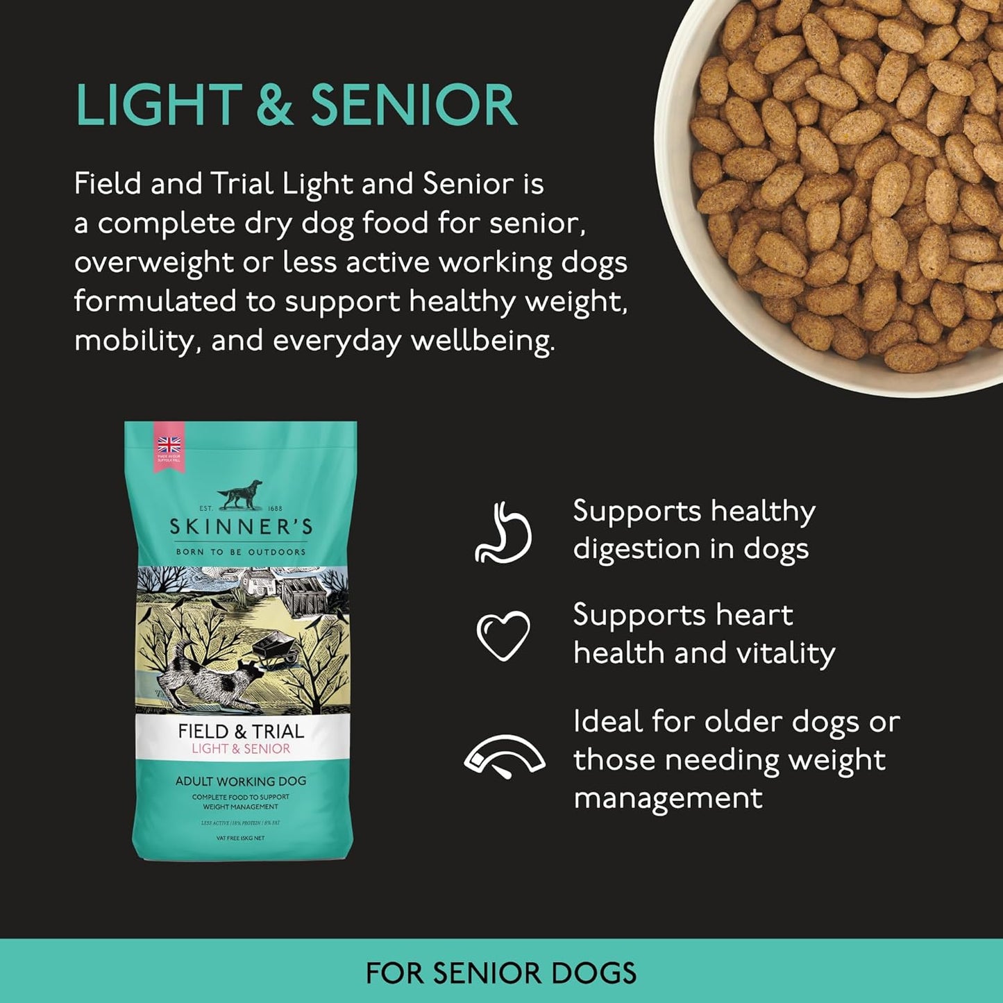 Skinner’s Field & Trial Light & Senior – Complete Dry Dog Food, Ideal for Older, Overweight or Less Active Dogs, 15kg