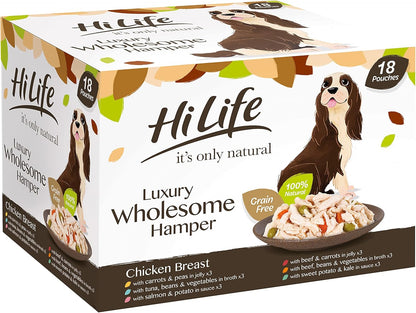 HiLife it's only natural Wet Dog Food - The Luxury Wholesome Hamper with Chicken Breast, Tuna, Salmon, Beef, Vegetables, Multipack of 36 Pouches x 100g