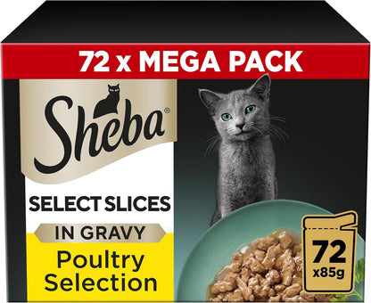 Sheba Select Slices in Gravy – Poultry Selection – Wet cat food pouches for adult cats – 72 x 85g pack
