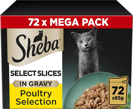 Sheba Select Slices in Gravy – Poultry Selection – Wet cat food pouches for adult cats – 72 x 85g pack