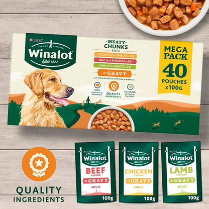 WINALOT Wet Dog Food Pouches – 40 x 100g, Meaty Chunks in Savory Gravy
