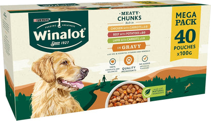 WINALOT Wet Dog Food Pouches – 40 x 100g, Meaty Chunks in Savory Gravy