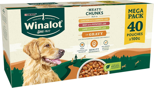 WINALOT Wet Dog Food Pouches – 40 x 100g, Meaty Chunks in Savory Gravy
