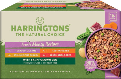 Harringtons Complete Wet Tray Grain Free Hypoallergenic Adult Dog Food Meaty Bumper Pack 16x400g - Chicken, Lamb, Beef & Turkey - Made with All Natural Ingredients