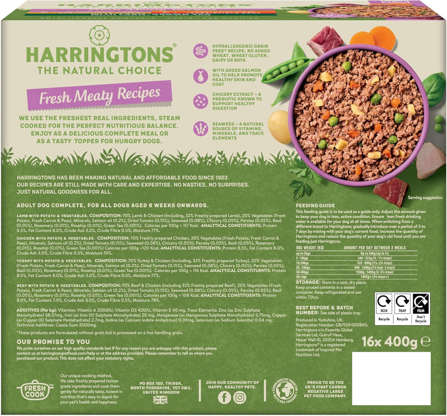 Harringtons Complete Wet Tray Grain Free Hypoallergenic Adult Dog Food Meaty Bumper Pack 16x400g - Chicken, Lamb, Beef & Turkey - Made with All Natural Ingredients