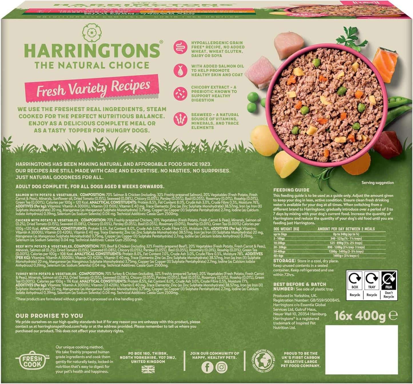 Harringtons Complete Wet Tray Grain Free Hypoallergenic Adult Dog Food Variety Bumper Pack 16x400g