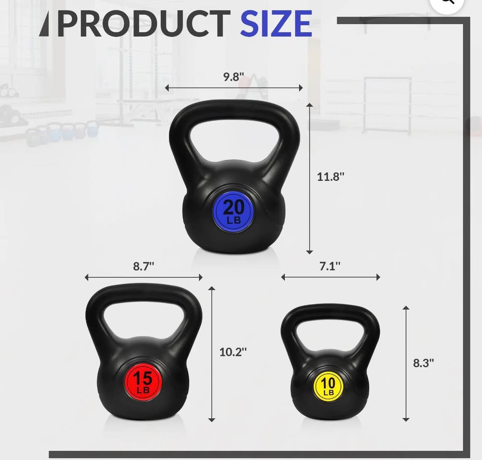 Kettlebell Set – 10lb, 15lb, and 20lb Color-Coded Weights for Strength Training, Cardio, and Home Gym Fitness