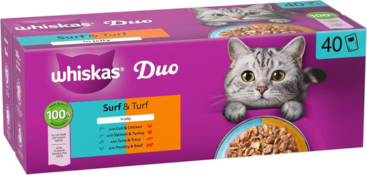 WHISKAS DUO Adult Wet Cat Food in Jelly 40x85g Surf & Turf