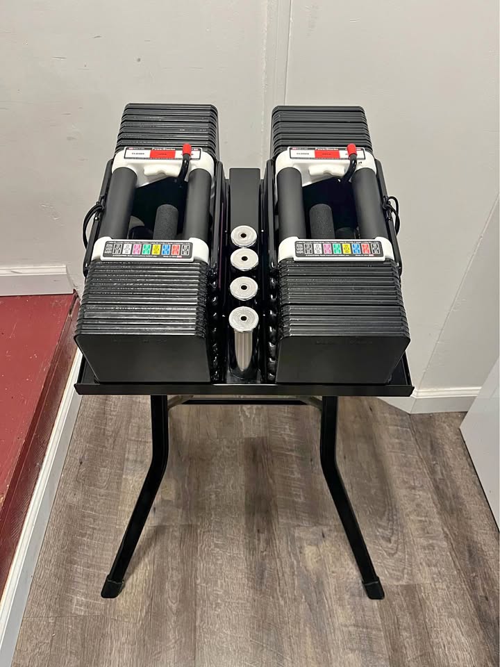 PowerBlock Style Adjustable Dumbbell Set with Compact Folding Stand