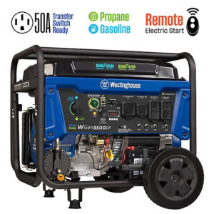 westinghouse 12,500/9,500 watt dual fuel portable generator, electric start, transfer switch ready