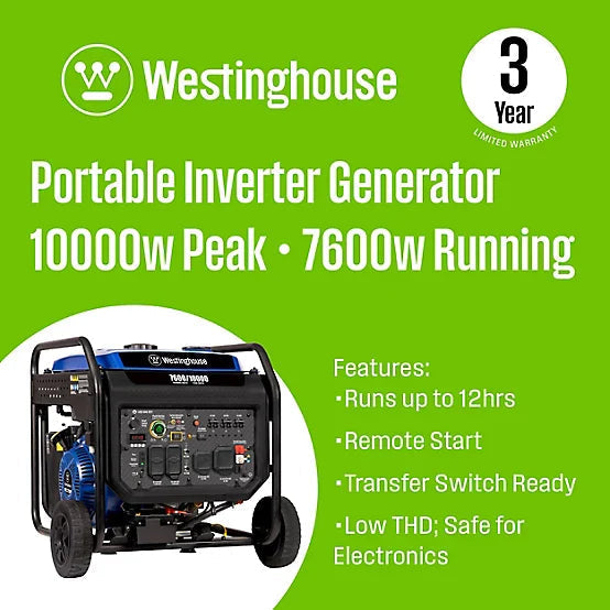 westinghouse 10,000/7,600 watt gasoline powered portable inverter generator, remote start with co sensor westinghouse 10,000/7,600 watt gasoline powered portable inverter generator, remote start with co sensor