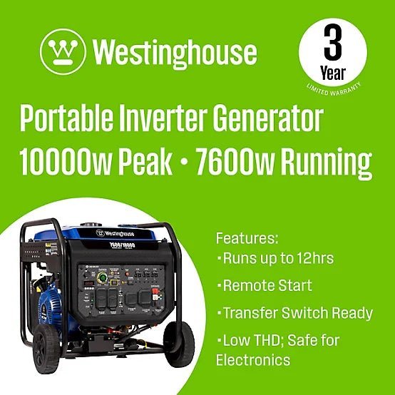 westinghouse 10,000/7,600 watt gasoline powered portable inverter generator, remote start with co sensor westinghouse 10,000/7,600 watt gasoline powered portable inverter generator, remote start with co sensor