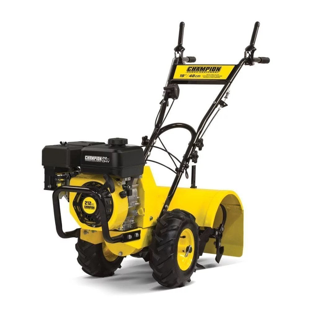 champion power equipment 19 inch counter rotating rear tine tiller with self propelled agricultural tires