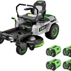 ego power+ electric riding lawn mower, 42″ deck with zero turn radius, includes (4) 56v 10.0ah batteries and charger – zt4204l