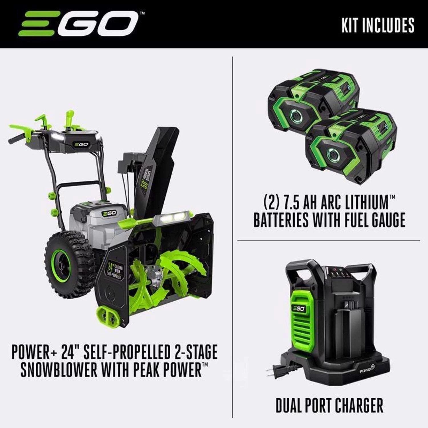 ego power+ snt2405 24 in. two stage 56 v battery snow blower kit (battery & charger) w/ two 7.5 ah batteries