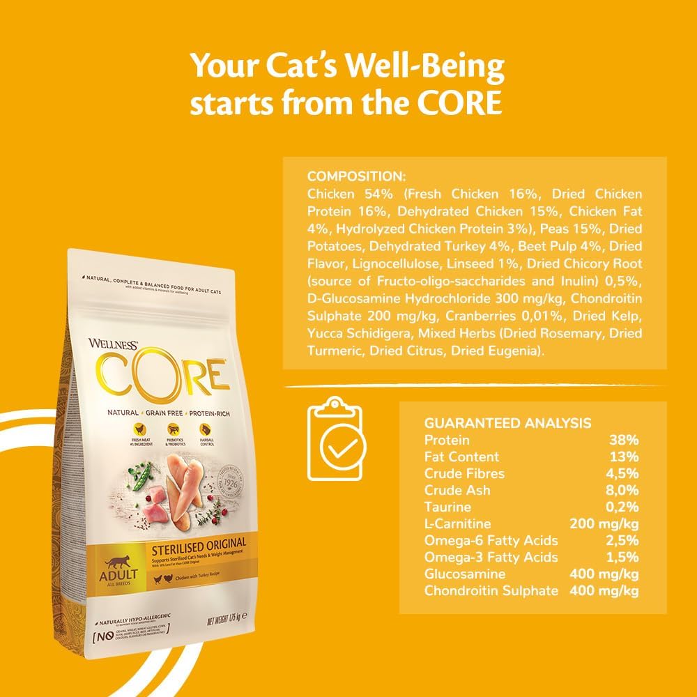 wellness core sterilised original 4 kg, chicken & turkey – dry cat food for sterlised/indoor cats, grain free, natural, hypoallergenic, protein rich, supports healthy weight management wellness core sterilised original 4 kg, chicken & turkey – dry cat food for sterlised/indoor cats, grain free, natural, hypoallergenic, protein rich, supports healthy weight management