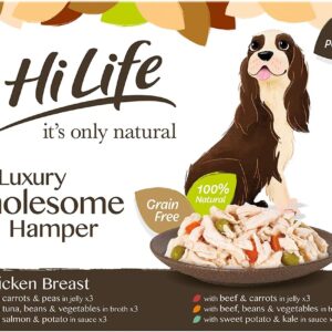 hilife it's only natural wet dog food the luxury wholesome hamper with chicken breast, tuna, salmon, beef, vegetables, multipack of 36 pouches x 100g