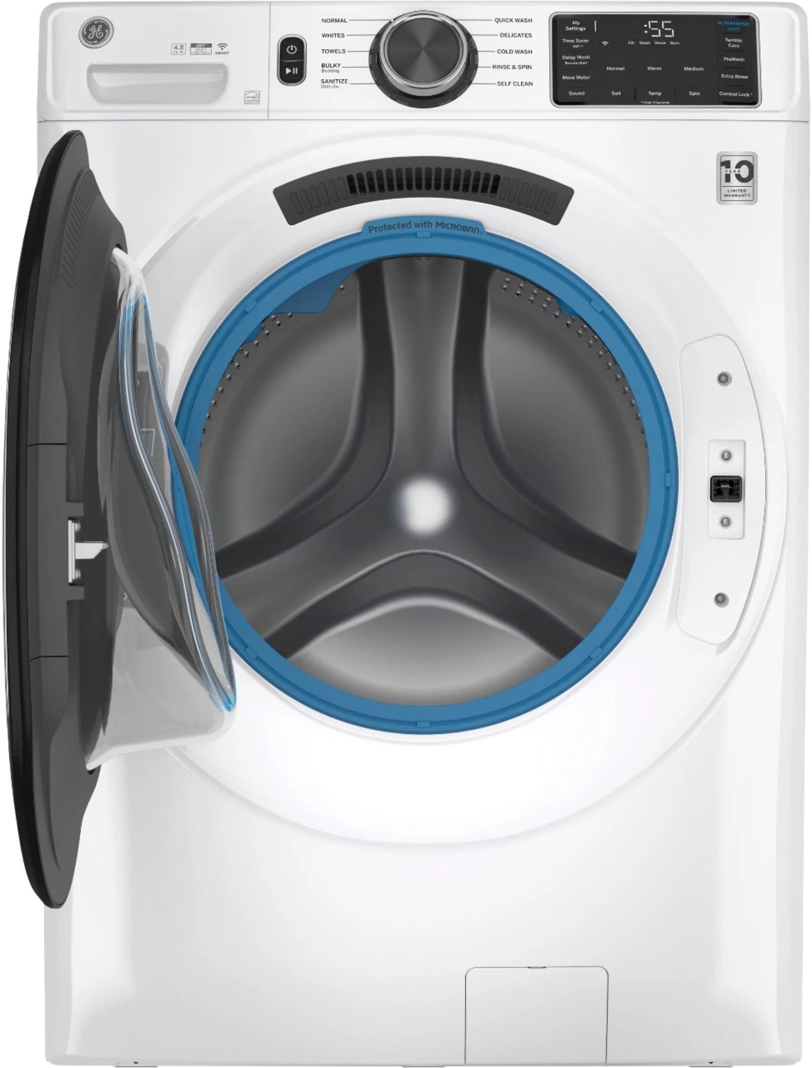 ge – 4.8 cuft high efficiency stackable smart front load washer w/ultrafresh vent system & microban antimicrobial technology – white on white ge – 4.8 cuft high efficiency stackable smart front load washer w/ultrafresh vent system & microban antimicrobial technology – white on white