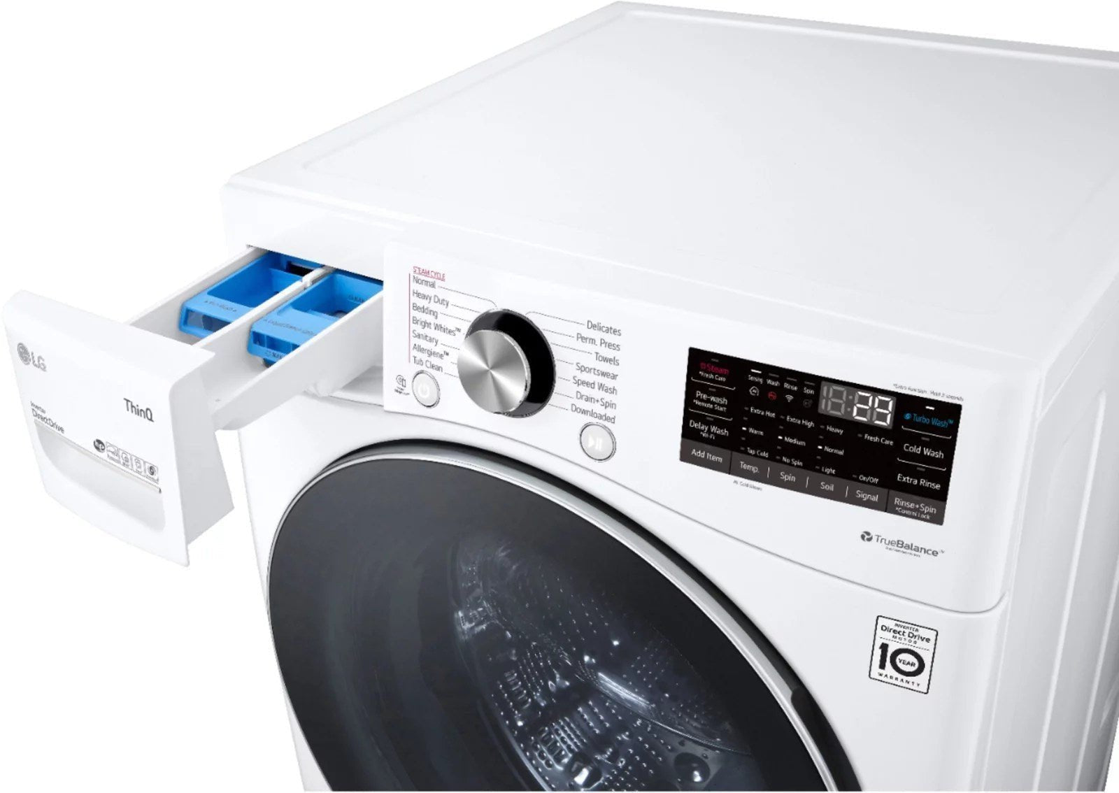 lg – 5.0 cu. ft. high efficiency stackable smart front load washer with steam and built in intelligence – white lg – 5.0 cu. ft. high efficiency stackable smart front load washer with steam and built in intelligence – white