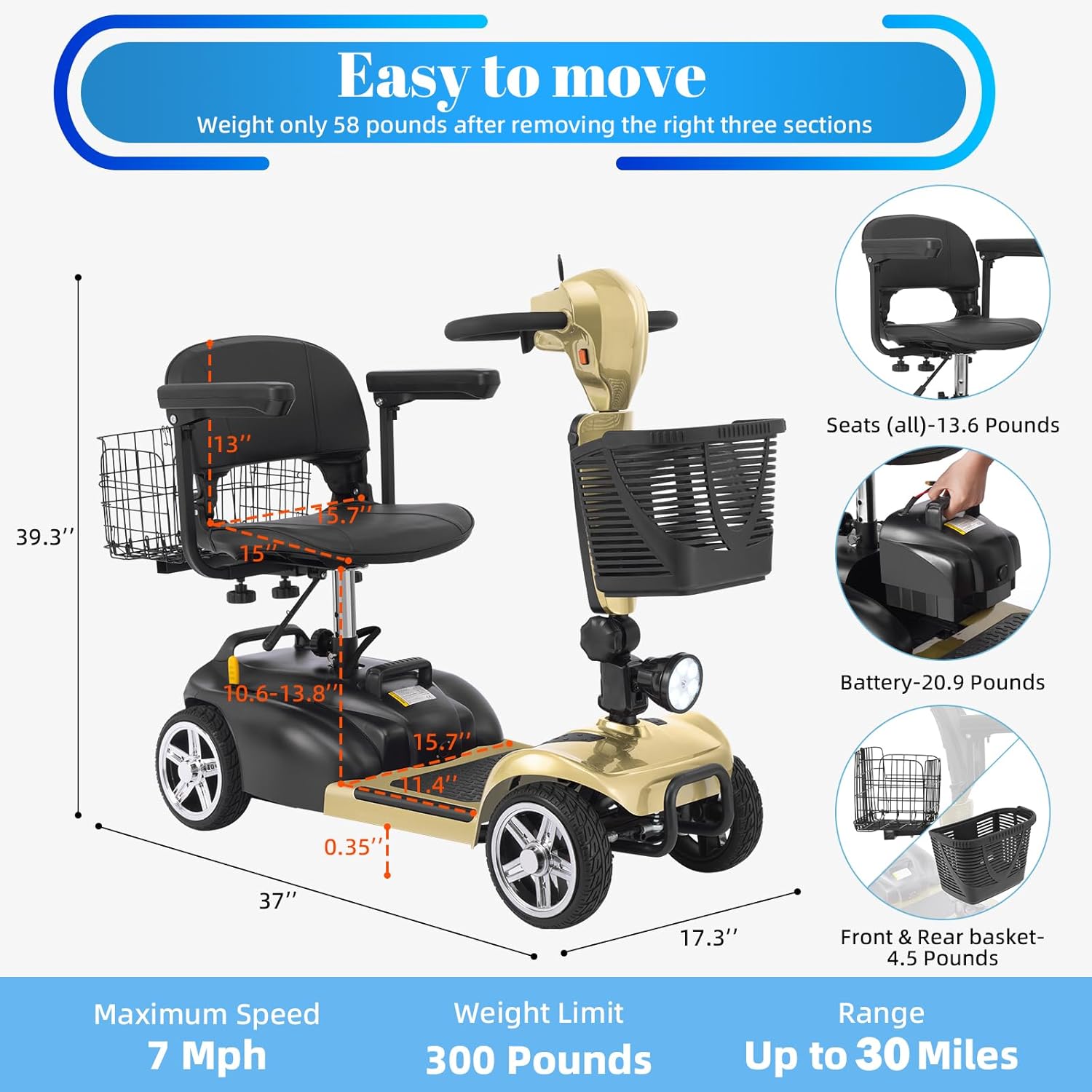 4 wheel mobility scooter for adults & seniors, 15–30 mile range, 350w, removable battery, compact 4 wheel mobility scooter for adults & seniors, 15–30 mile range, 350w, removable battery, compact