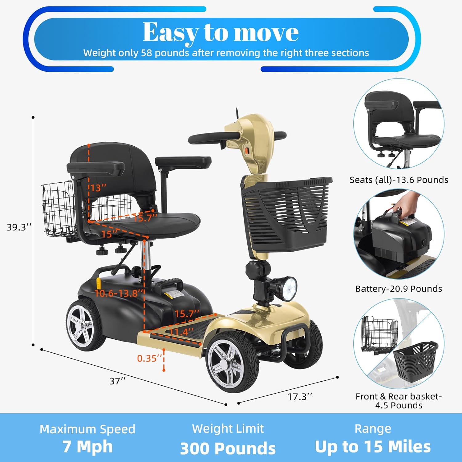 4 wheel mobility scooter for adults & seniors, 15–30 mile range, 350w, removable battery, compact 4 wheel mobility scooter for adults & seniors, 15–30 mile range, 350w, removable battery, compact