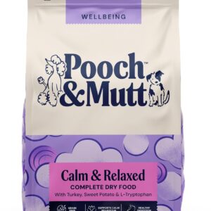 pooch & mutt calm & relaxed complete dry dog food grain free (regular sized kibble), for calming hyperactive or anxious dogs, turkey and sweet potato, 10kg (packaging may vary)