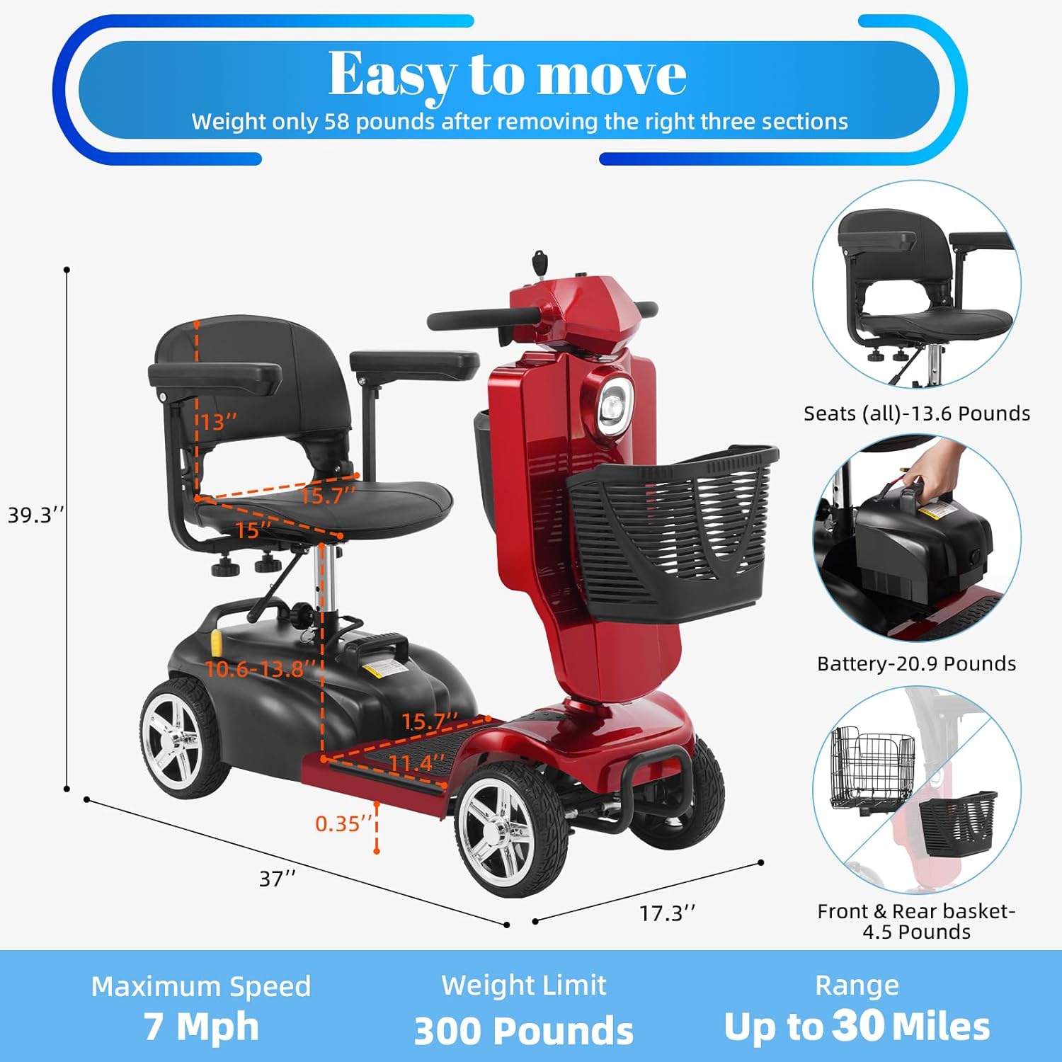 4 wheel mobility scooter for adults & seniors, 15–30 mile range, 350w, removable battery, compact 4 wheel mobility scooter for adults & seniors, 15–30 mile range, 350w, removable battery, compact