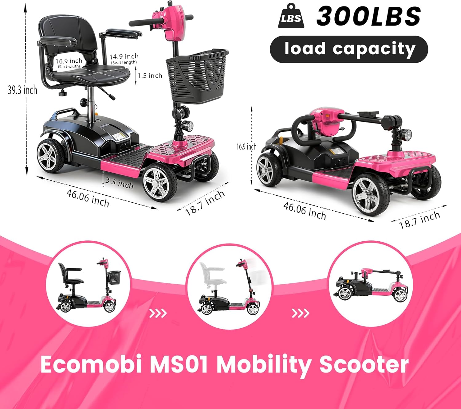 4 wheel mobility scooter for adults & seniors, 15–30 mile range, 350w, removable battery, compact 4 wheel mobility scooter for adults & seniors, 15–30 mile range, 350w, removable battery, compact