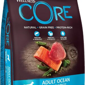 wellness core ocean 10 kg, salmon & tuna – dry dog food for medium to large breeds, grain free, natural, hypoallergenic, protein rich, high fish content, supports healthy skin & shiny coat