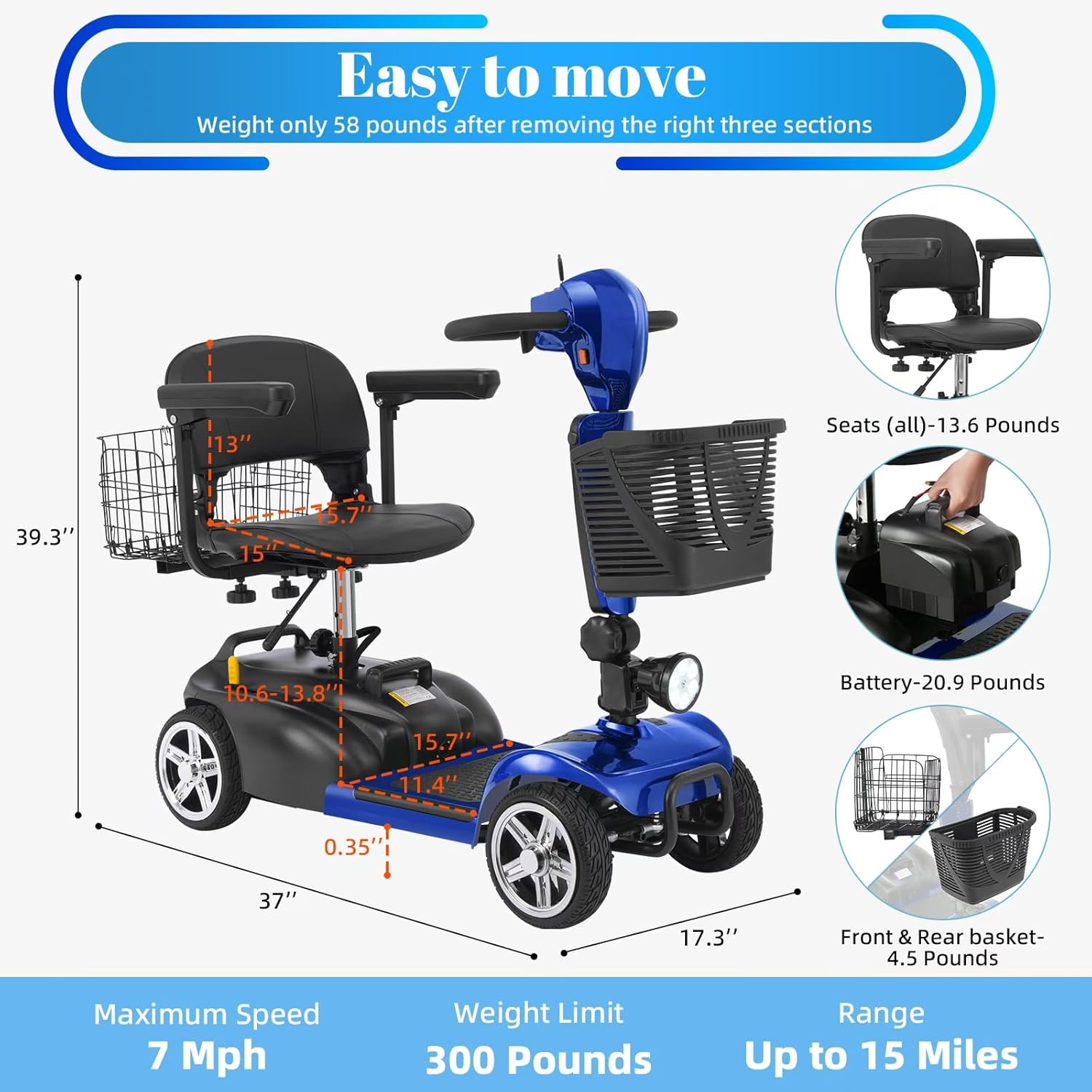 4 wheel mobility scooter for adults & seniors, 15–30 mile range, 350w, removable battery, compact 4 wheel mobility scooter for adults & seniors, 15–30 mile range, 350w, removable battery, compact