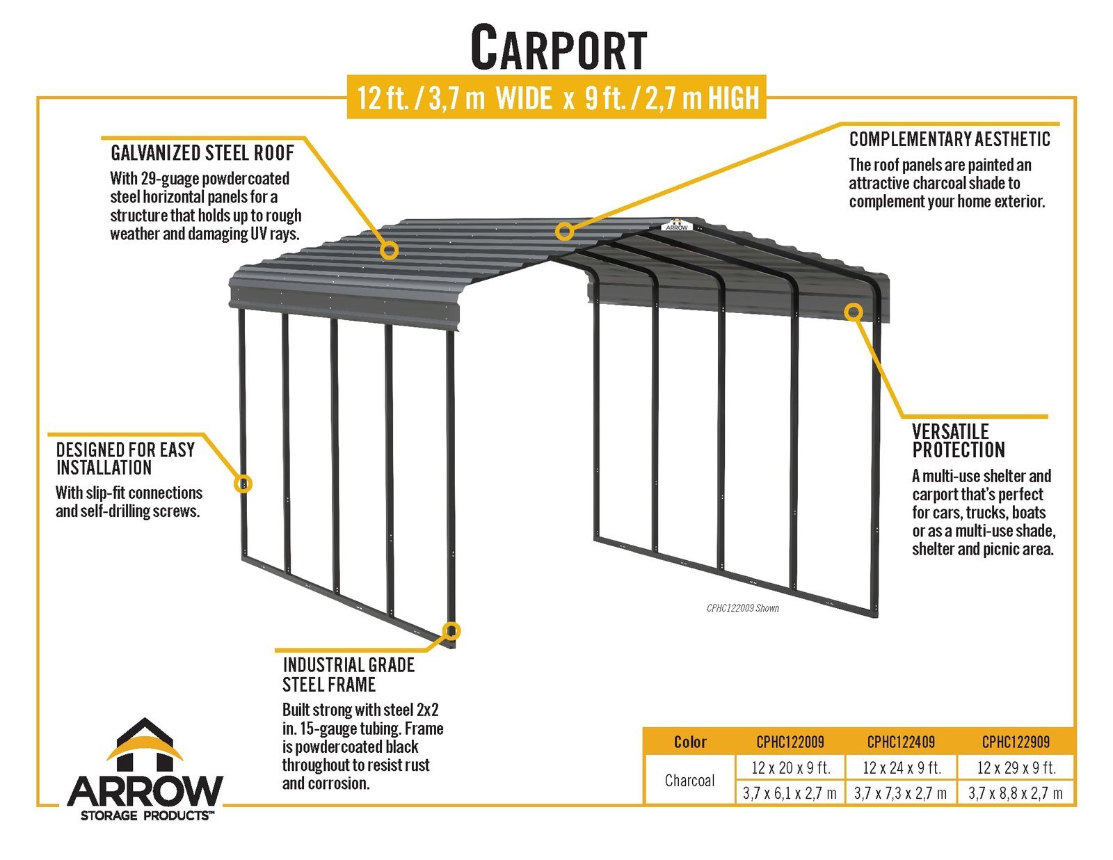 arrow carport, 12 ft. x 24ft. x 9ft. charcoal 12′ x 24′ x 9′ arrow carport, 12 ft. x 24ft. x 9ft. charcoal 12′ x 24′ x 9′